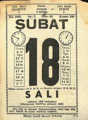 18 Şubat 1969 Takvim Yaprağı - Doğum Günü Hediyesi EFM(N)11076 - 1
