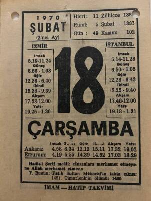 18 Şubat 1970 Takvim Yaprağı - Doğum Günü Hediyesi EFM(N)7768 - 1