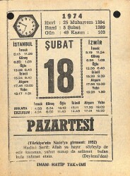 18 Şubat 1974 Takvim Yaprağı - Doğum Günü Hediyesi EFM(N)12269 - Gökçekoleksiyon