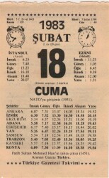 18 Şubat 1983 Takvim Yaprağı EFM(N)5398 - Gökçekoleksiyon