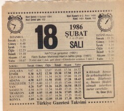 18 Şubat 1986 Takvim Yaprağı EFM(N)5229 - Gökçekoleksiyon