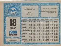 18 Şubat 1988 Takvim Yaprağı EFM(N)5508 - Gökçekoleksiyon