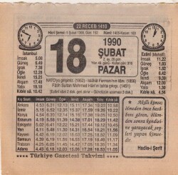 18 Şubat 1990 Takvim Yaprağı EFM(N)5201 - Gökçekoleksiyon
