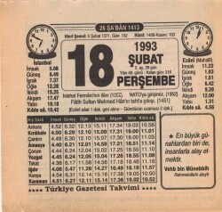 18 Şubat 1993 Takvim Yaprağı EFM(N)5313 - Gökçekoleksiyon