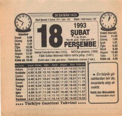 18 Şubat 1993 Takvim Yaprağı EFM(N)5313 - 1