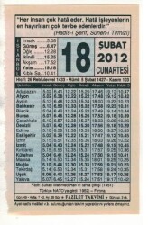 18 Şubat 2012 Takvim Yaprağı EFM(N)1859 - 1