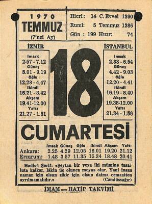 18 Temmuz 1970 Takvim Yaprağı - Doğum Günü Hediyesi EFM(N)12506 - 1