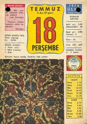 18 Temmuz 1974 Takvim Yaprağı - Doğum Günü Hediyesi EFM(N)9451 - Gökçekoleksiyon