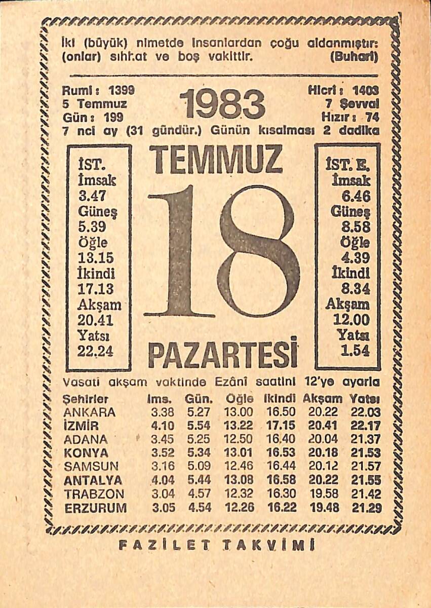 18 Temmuz 1983 Takvim Yaprağı - Doğum Günü Hediyesi EFMN15408 - 1