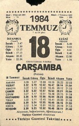18 Temmuz 1984 Takvim Yaprağı - Doğum Günü Hediyesi EFM(N)11521 - Gökçekoleksiyon