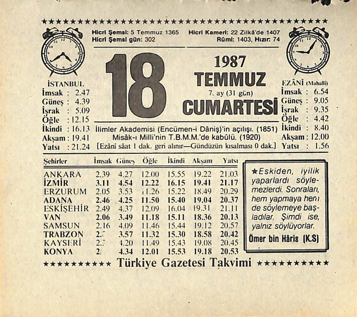 18 Temmuz 1987 Takvim Yaprağı - Doğum Günü Hediyesi EFMN13830 - 1