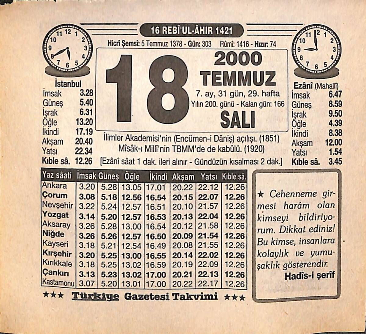 18 Temmuz 2000 Takvim Yaprağı - Doğum Günü Hediyesi EFMN15539 - 1