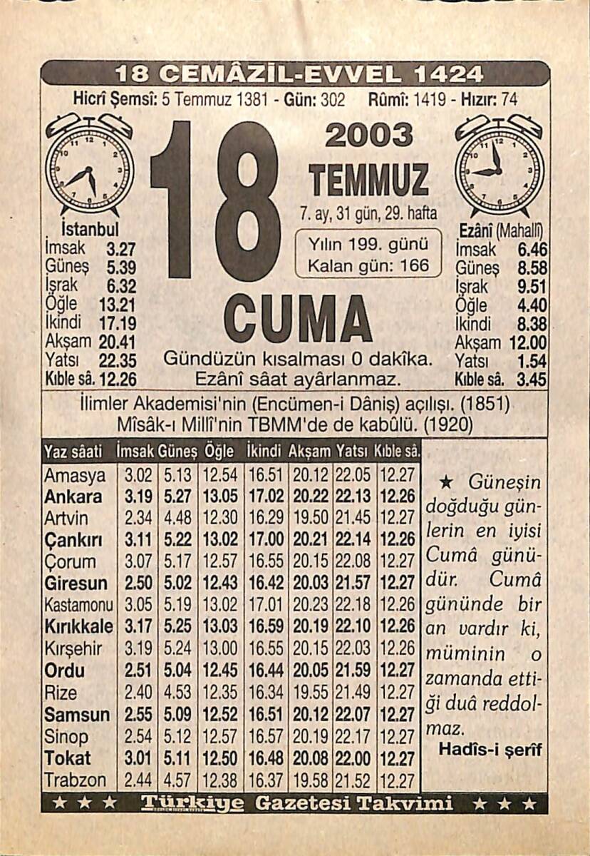 18 Temmuz 2003 Takvim Yaprağı - Doğum Günü Hediyesi EFMN15515 - 1