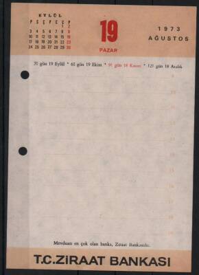 19-20 Ağustos 1973 Ziraat Bankası Takvim Yaprağı EFM624 - 1