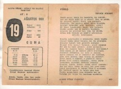 19 Ağustos 1960 Ajans Türk Takvim Yaprağı (Şiirli Saatli) EFM(N) 1697 - 3