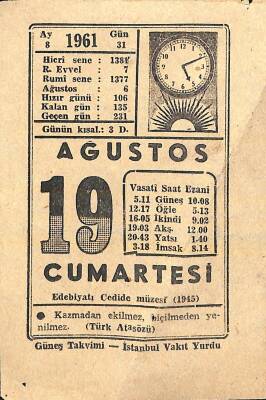 19 Ağustos 1961 Takvim Yaprağı - Doğum Günü Hediyesi EFM(N)11453 - 1