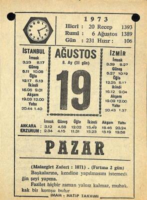 19 Ağustos 1973 Takvim Yaprağı - Doğum Günü Hediyesi EFM(N)10119 - 1
