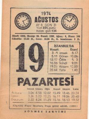 19 Ağustos 1974 Takvim Yaprağı EFM(N)2426 - 2