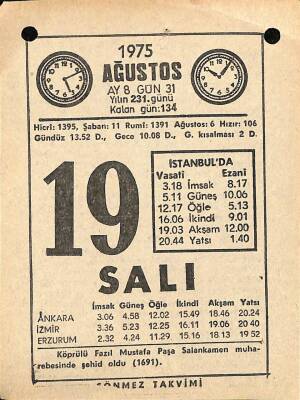 19 Ağustos 1975 Takvim Yaprağı - Doğum Günü Hediyesi EFM(N)9655 - 2