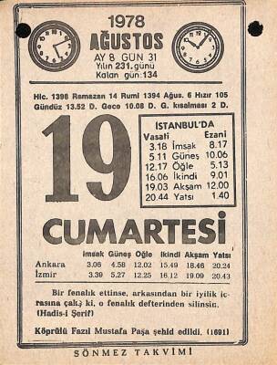 19 Ağustos 1978 Takvim Yaprağı - Doğum Günü Hediyesi EFM(N)9737 - 2