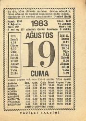 19 Ağustos 1983 Takvim Yaprağı - Doğum Günü Hediyesi EFM(N)12010 - Gökçekoleksiyon