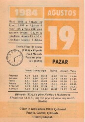 19 Ağustos 1984 Takvim Yaprağı EFM(N)2428 - 1