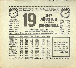19 Ağustos 1987 Takvim Yaprağı - Doğum Günü Hediyesi EFMN13862 - Gökçekoleksiyon