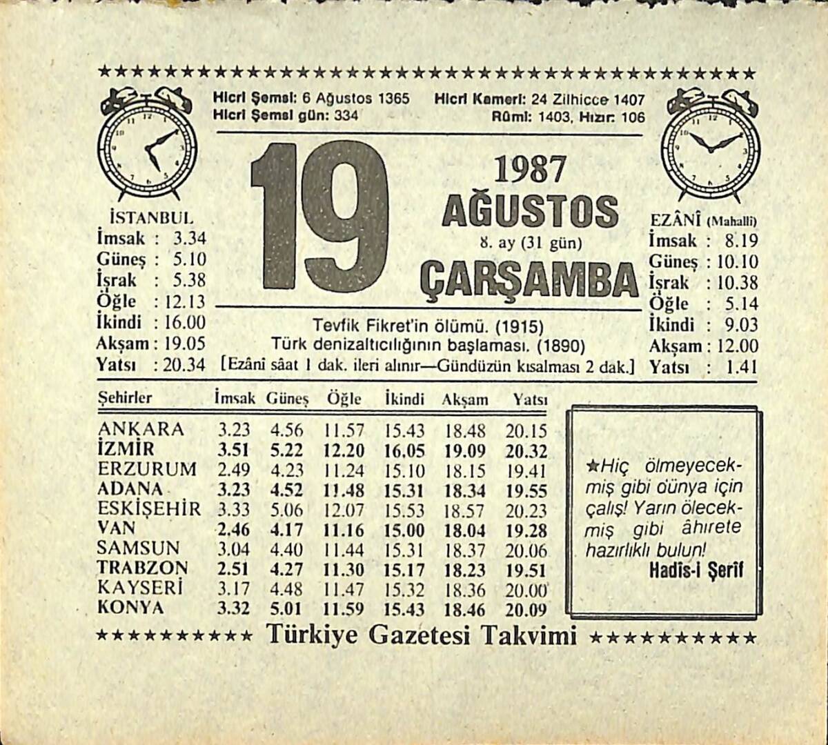 19 Ağustos 1987 Takvim Yaprağı - Doğum Günü Hediyesi EFMN13862 - 1