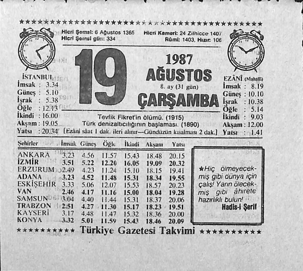 19 Ağustos 1987 Takvim Yaprağı - Doğum Günü Hediyesi EFMN13923 - 1