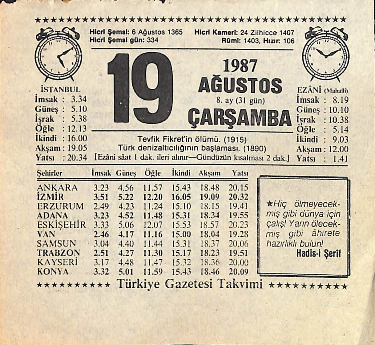 19 Ağustos 1987 Takvim Yaprağı - Doğum Günü Hediyesi EFMN15864 - 1