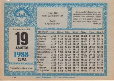 19 Ağustos 1988 Takvim Yaprağı EFM(N)2431 - 1