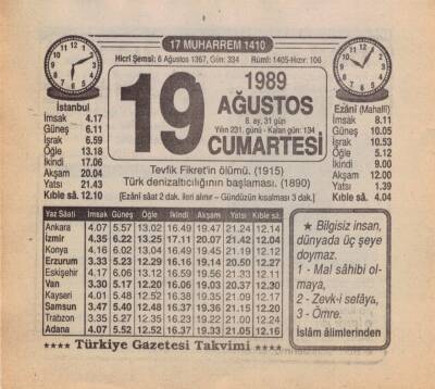 19 Ağustos 1989 Takvim Yaprağı EFM(N)2432 - 1