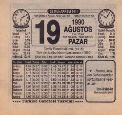 19 Ağustos 1990 Takvim Yaprağı EFM(N)2433 - 1