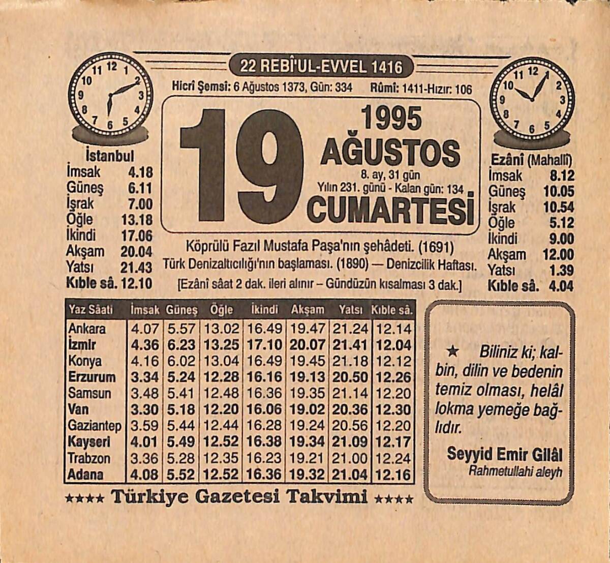 19 Ağustos 1995 Takvim Yaprağı - Doğum Günü Hediyesi EFMN15452 - 1