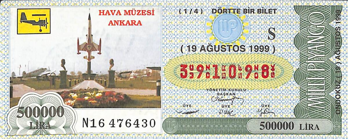19 Ağustos 1999 Piyango Bileti Dörtte Bir Bilet PYB6523 - 1