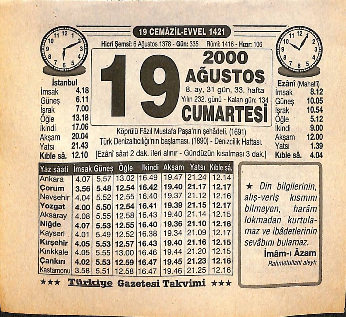 19 Ağustos 2000 Takvim Yaprağı - Doğum Günü Hediyesi EFMN14272 - 1
