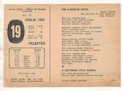 19 Aralık 1960 Ajans Türk Takvim Yaprağı (Şiirli Saatli) EFM(N) 1815 - 2