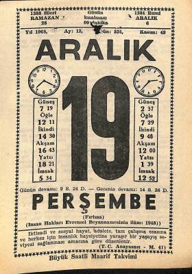 19 Aralık 1968 Takvim Yaprağı - Doğum Günü Hediyesi EFM(N)11057 - 1