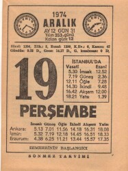 19 Aralık 1974 Takvim Yaprağı EFM(N)4301 - Gökçekoleksiyon