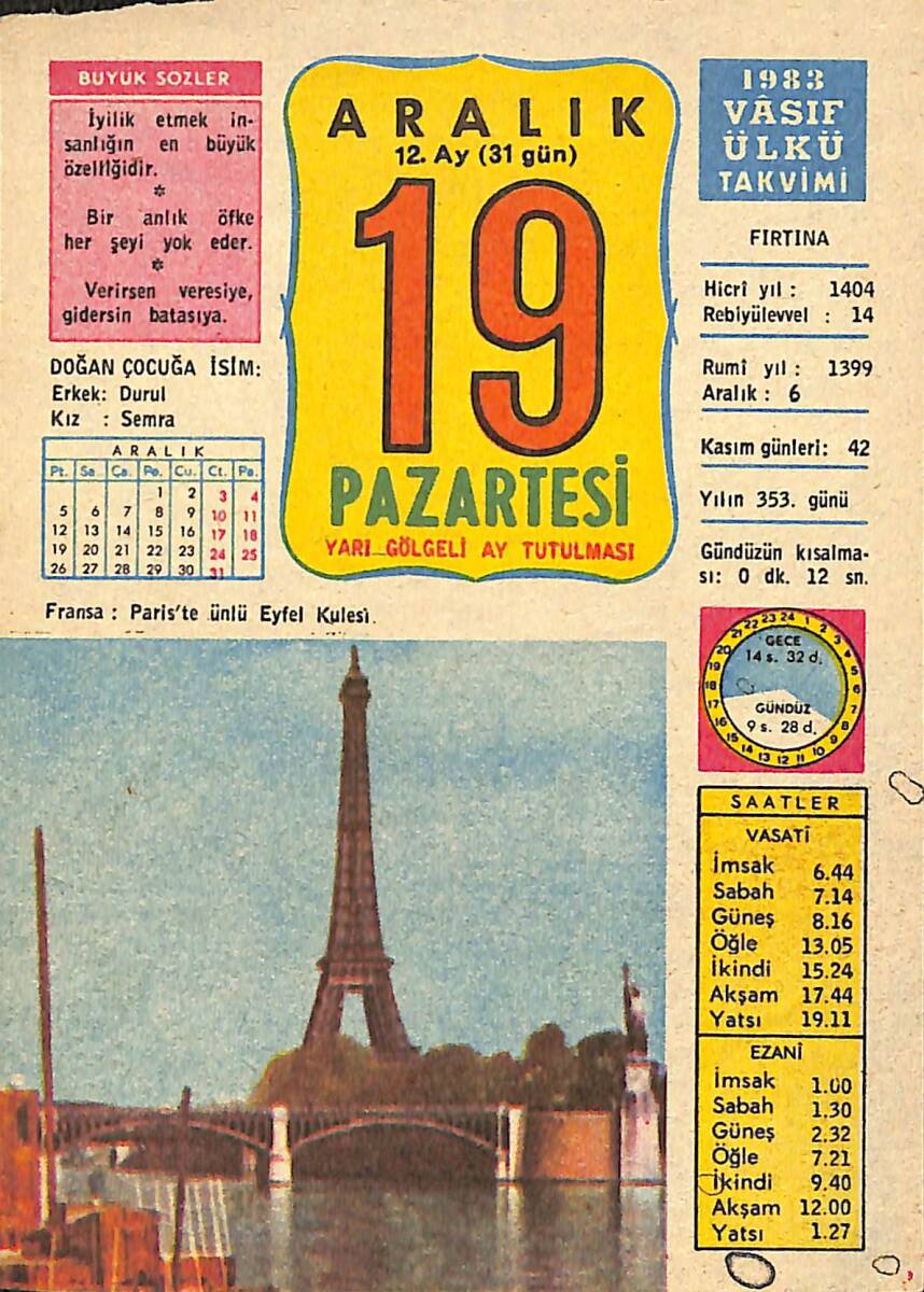 19 Aralık 1983 Takvim Yaprağı - Doğum Günü Hediyesi EFMN13703 - 1