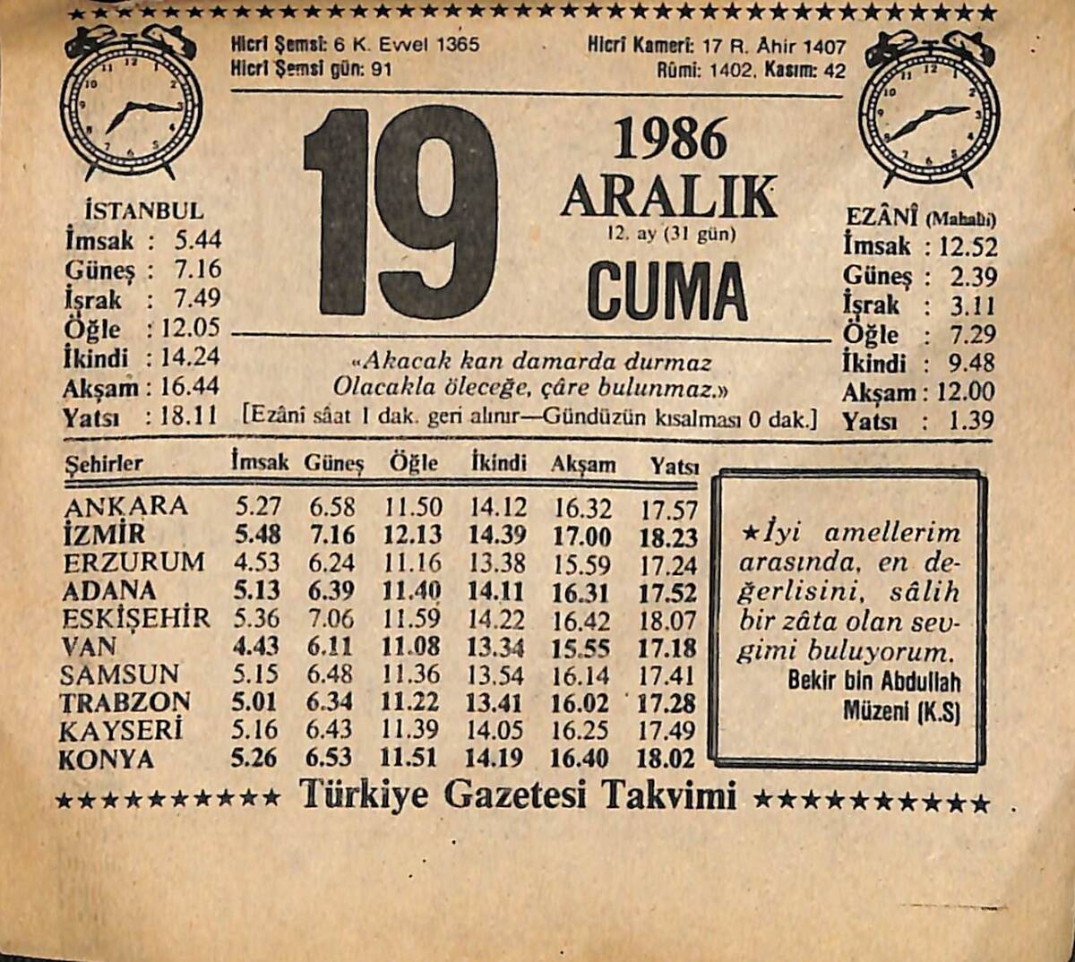 19 Aralık 1986 Takvim Yaprağı - Doğum Günü Hediyesi EFMN14854 - 1