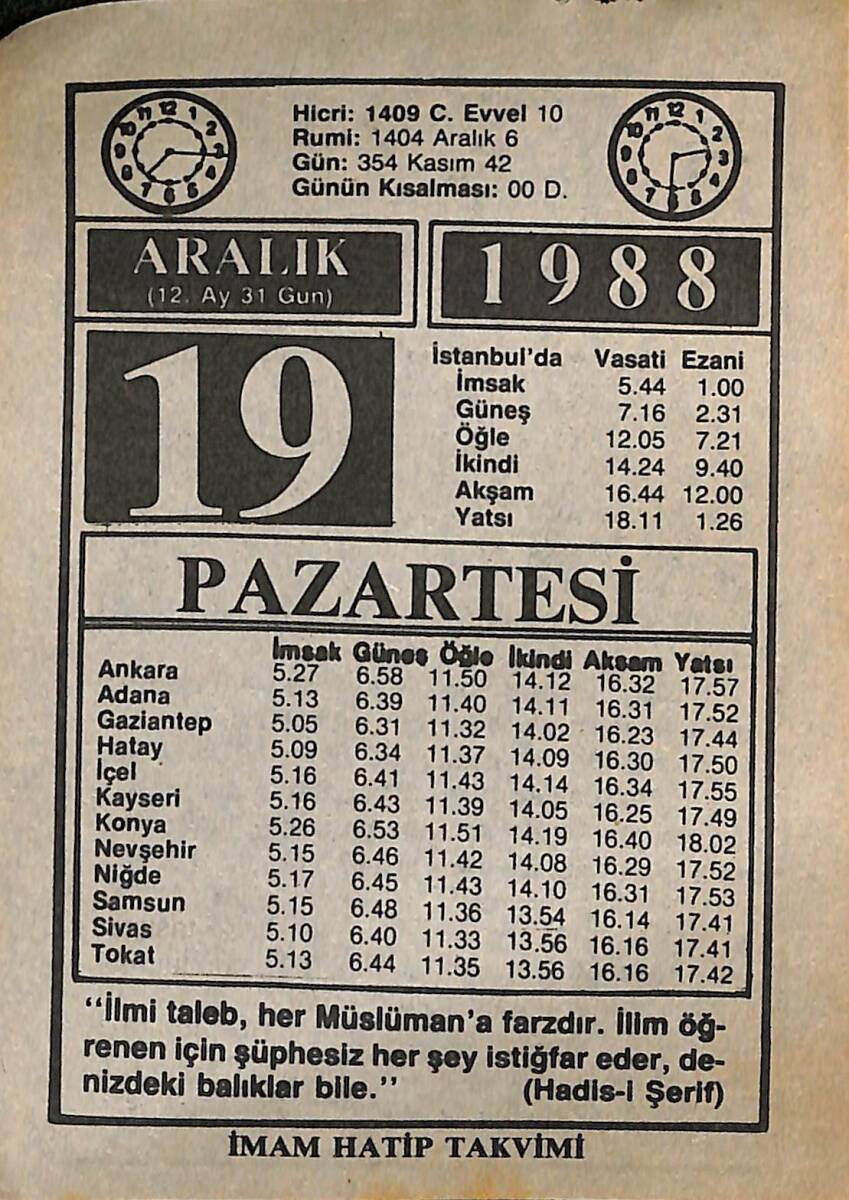 19 Aralık 1988 Takvim Yaprağı - Doğum Günü Hediyesi EFMN14581 - 1