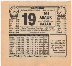19 Aralık 1993 Takvim Yaprağı EFM(N)4240 - 1