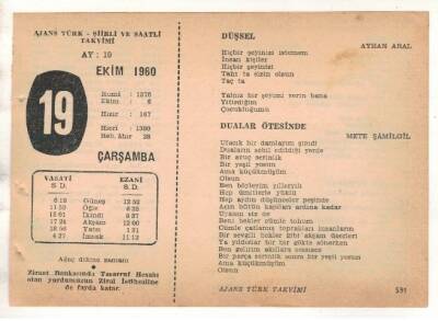 19 Ekim 1960 Ajans Türk Takvim Yaprağı (Şiirli Saatli) EFM(N) 1756 - 1