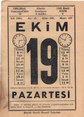 19 Ekim 1964 Takvim Yaprağı EFM(N)3556 - 2