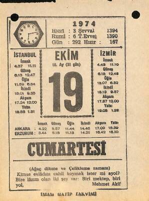 19 Ekim 1974 Takvim Yaprağı - Doğum Günü Hediyesi EFM(N)10580 - 1