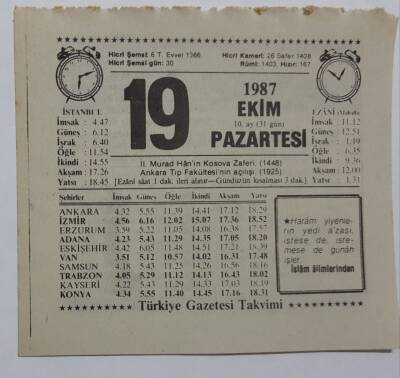 19 Ekim 1987 Takvim Yaprağı - Doğum Günü Hediyesi EFM(N)7127 - 1