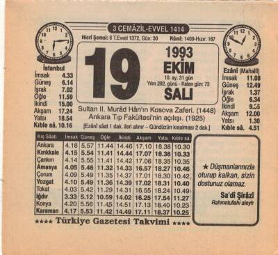 19 Ekim 1993 Takvim Yaprağı EFM(N)3175 - 3