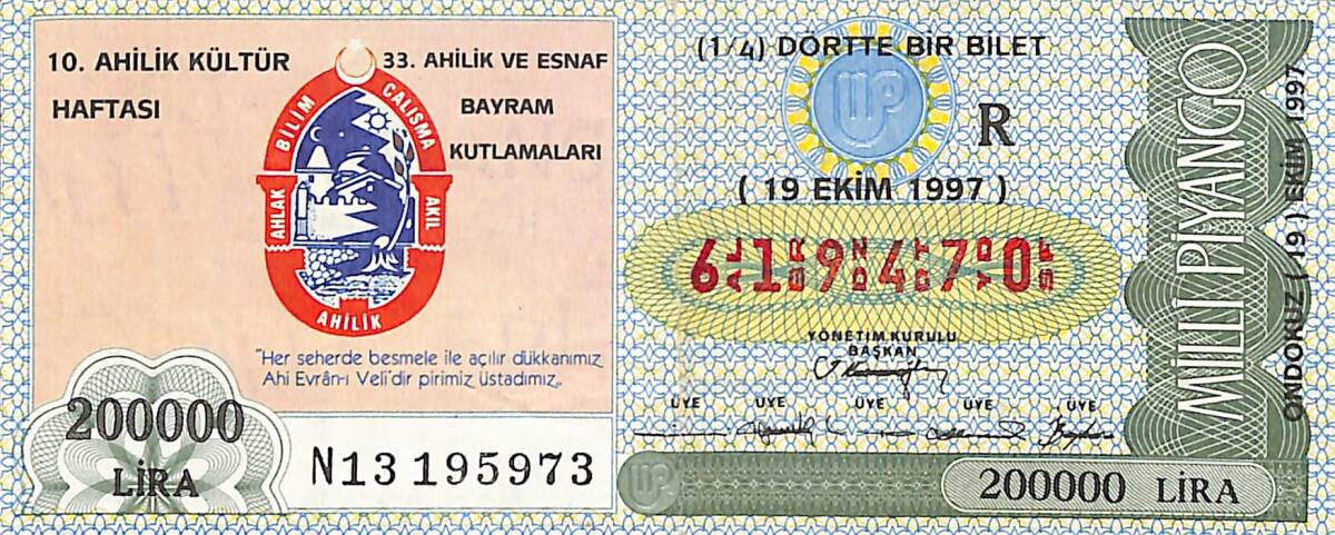 19 Ekim 1997 Piyango Bileti Dörtte Bir Bilet PYB6831 - 1