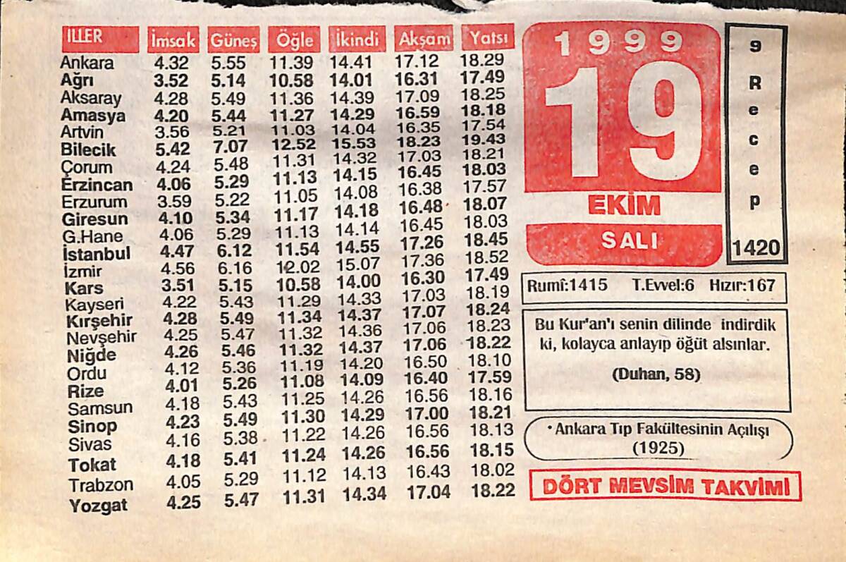 19 Ekim 1999 Takvim Yaprağı - Doğum Günü Hediyesi EFMN14068 - 1